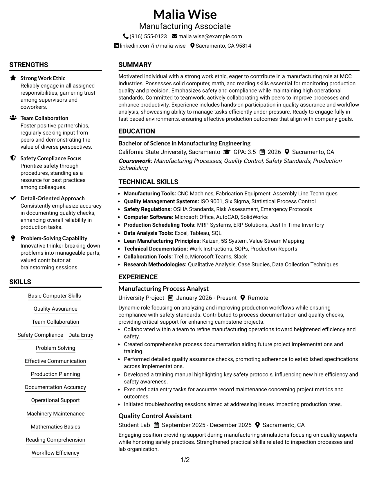 Resume Example Page 1