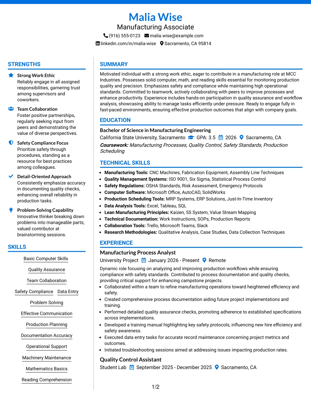 Resume Example Page 1