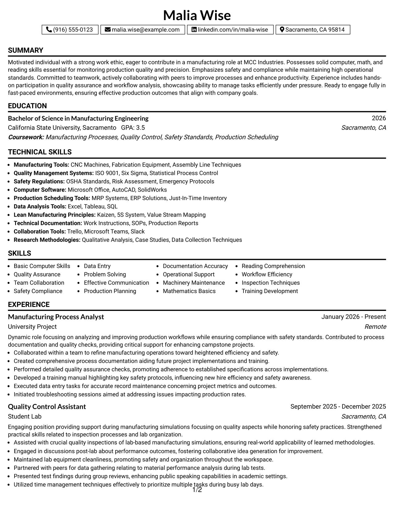 Resume Example Page 1