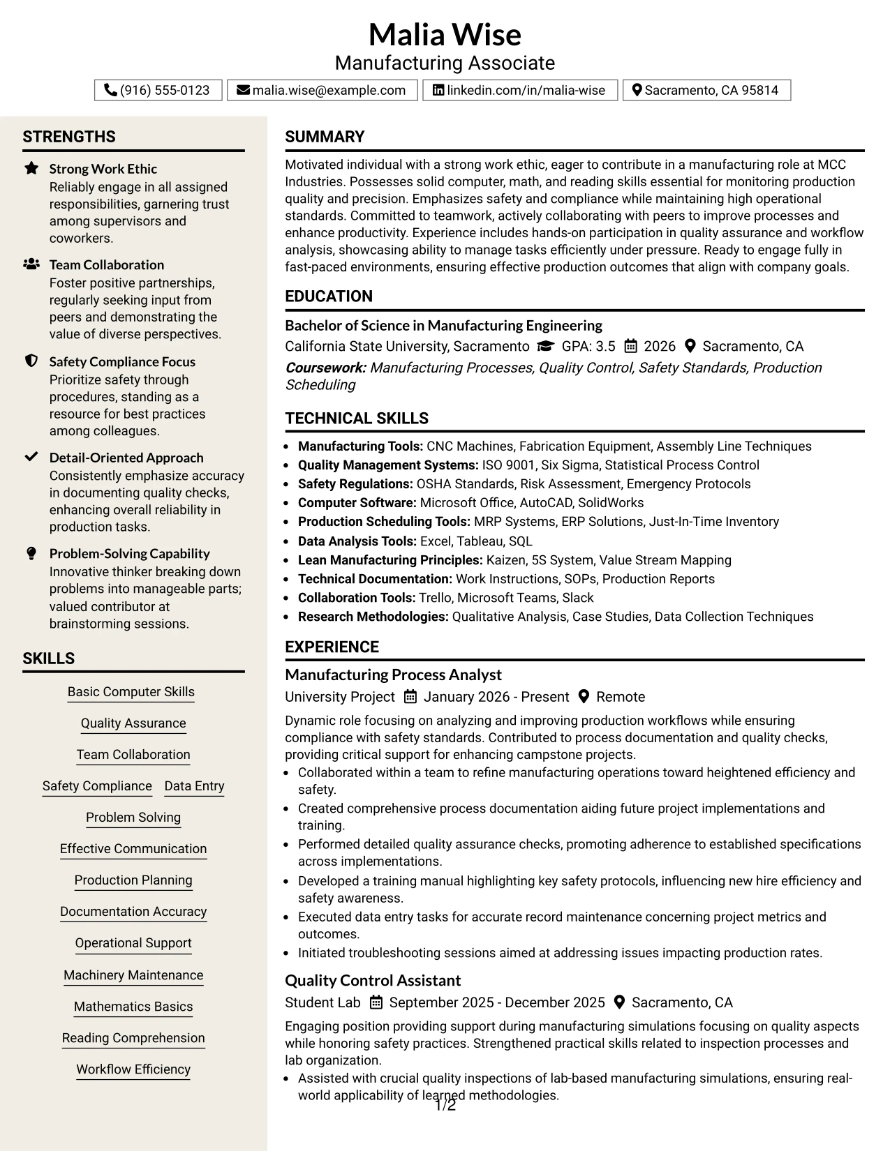 Resume Example Page 1