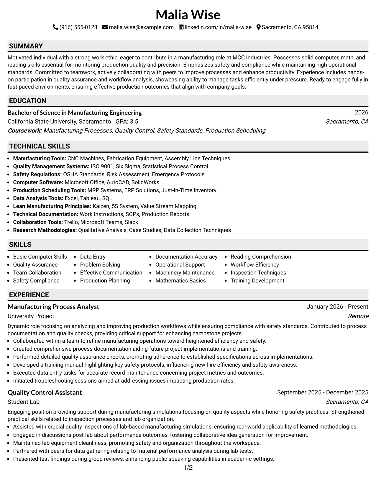 Resume Example Page 1