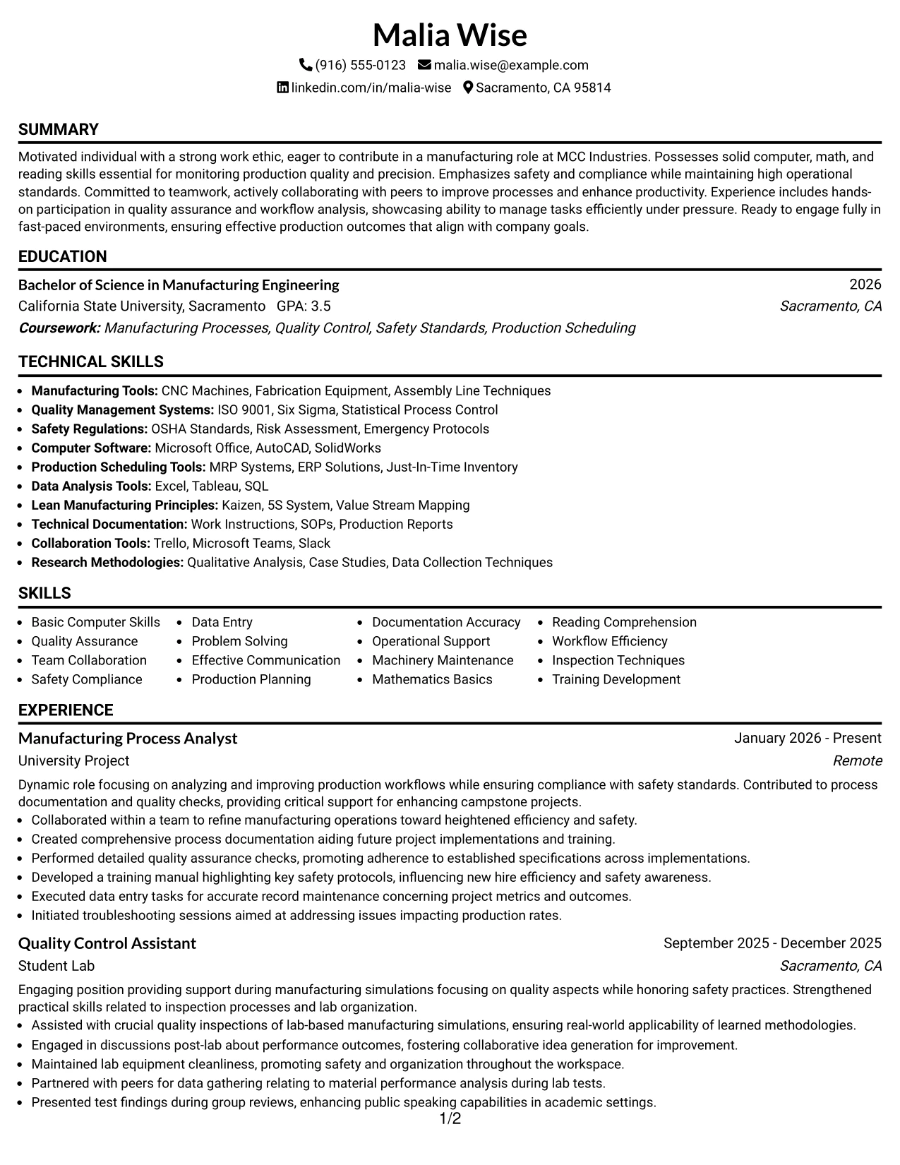 Resume Example Page 1
