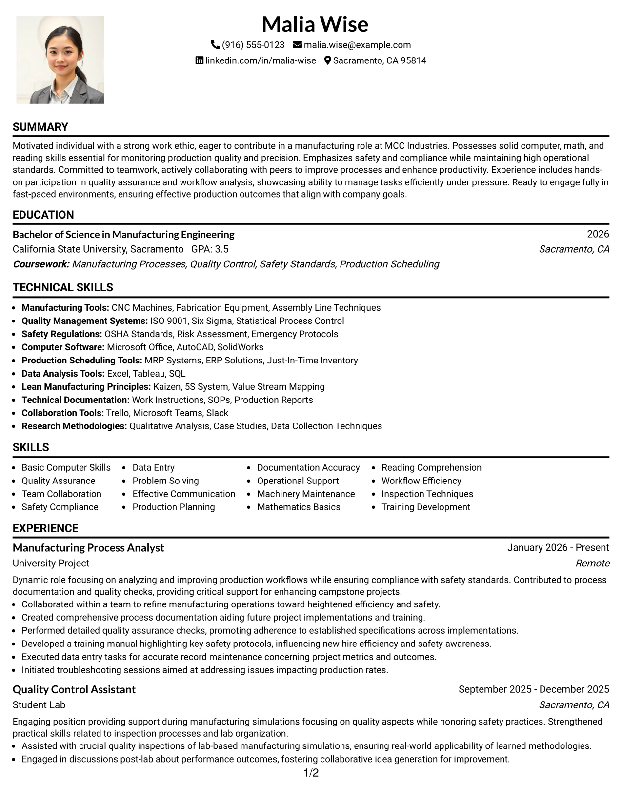 Resume Example Page 1