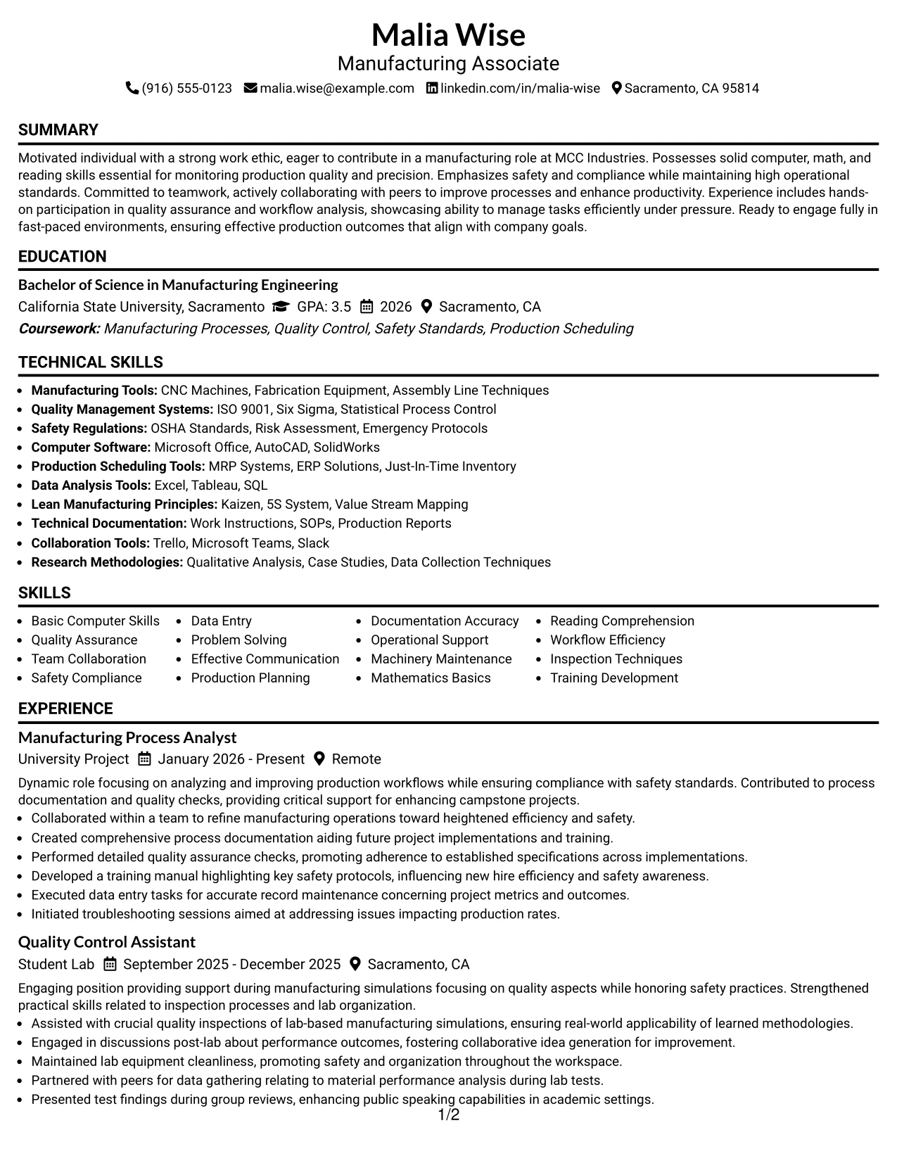 Resume Example Page 1