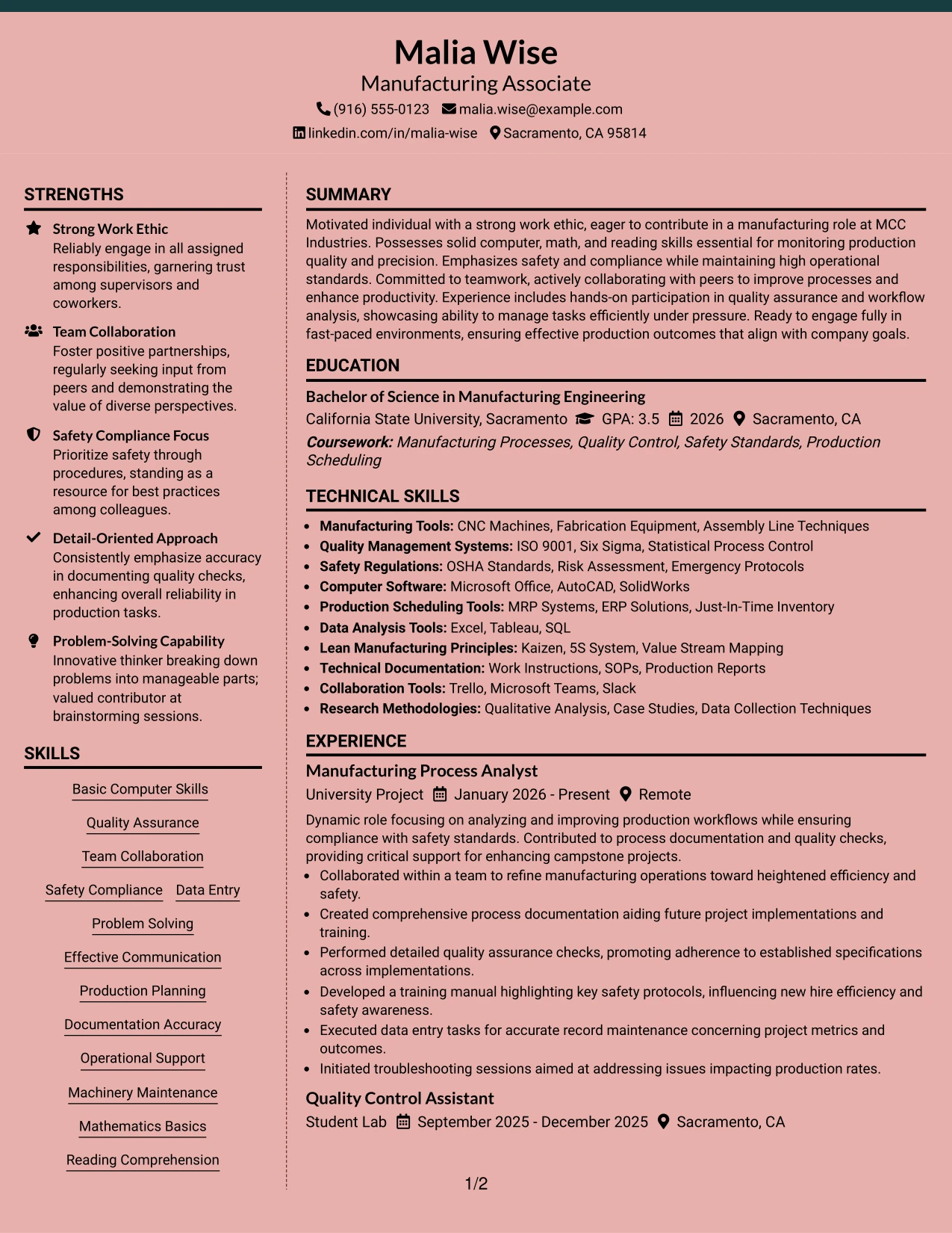 Resume Example Page 1
