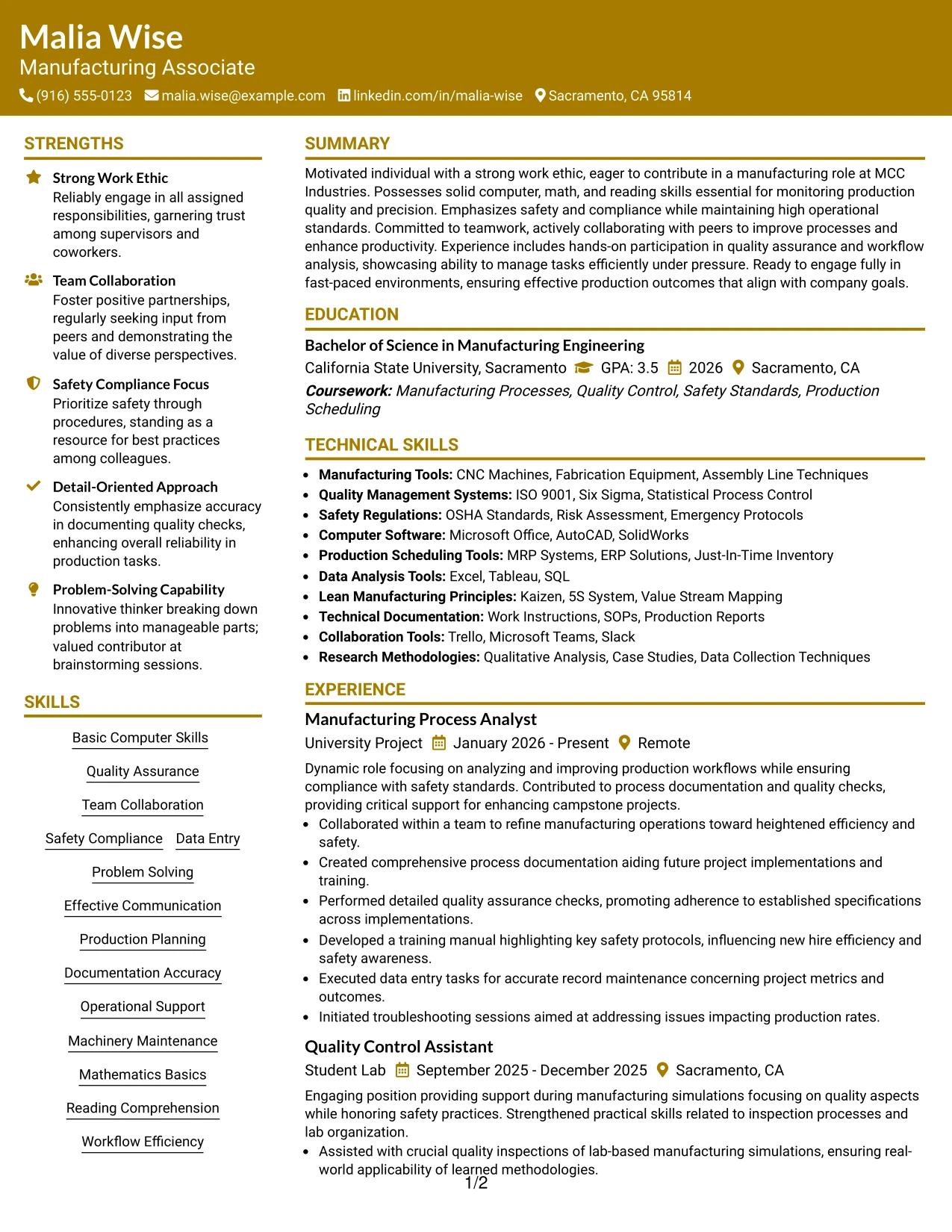 Resume Example Page 1