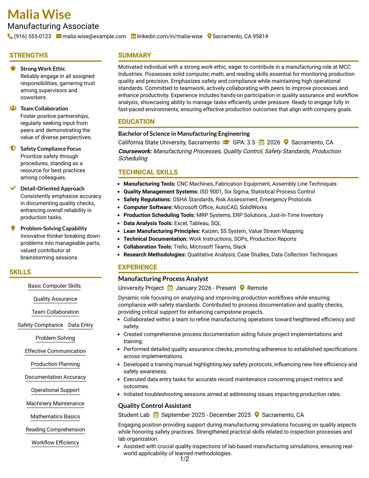 Resume Example Page 1