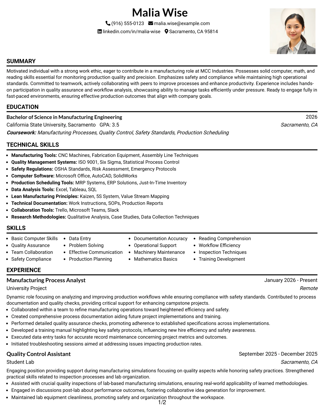 Resume Example Page 1