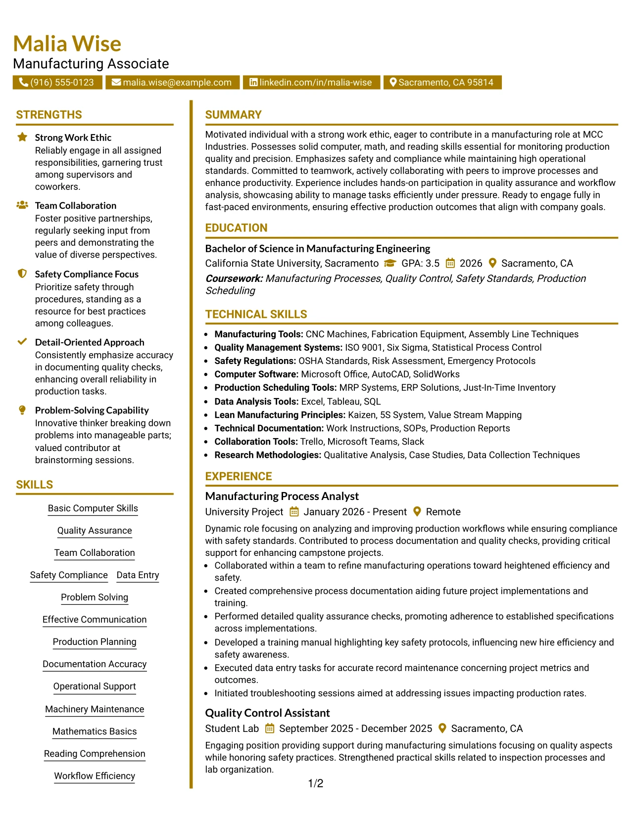 Resume Example Page 1
