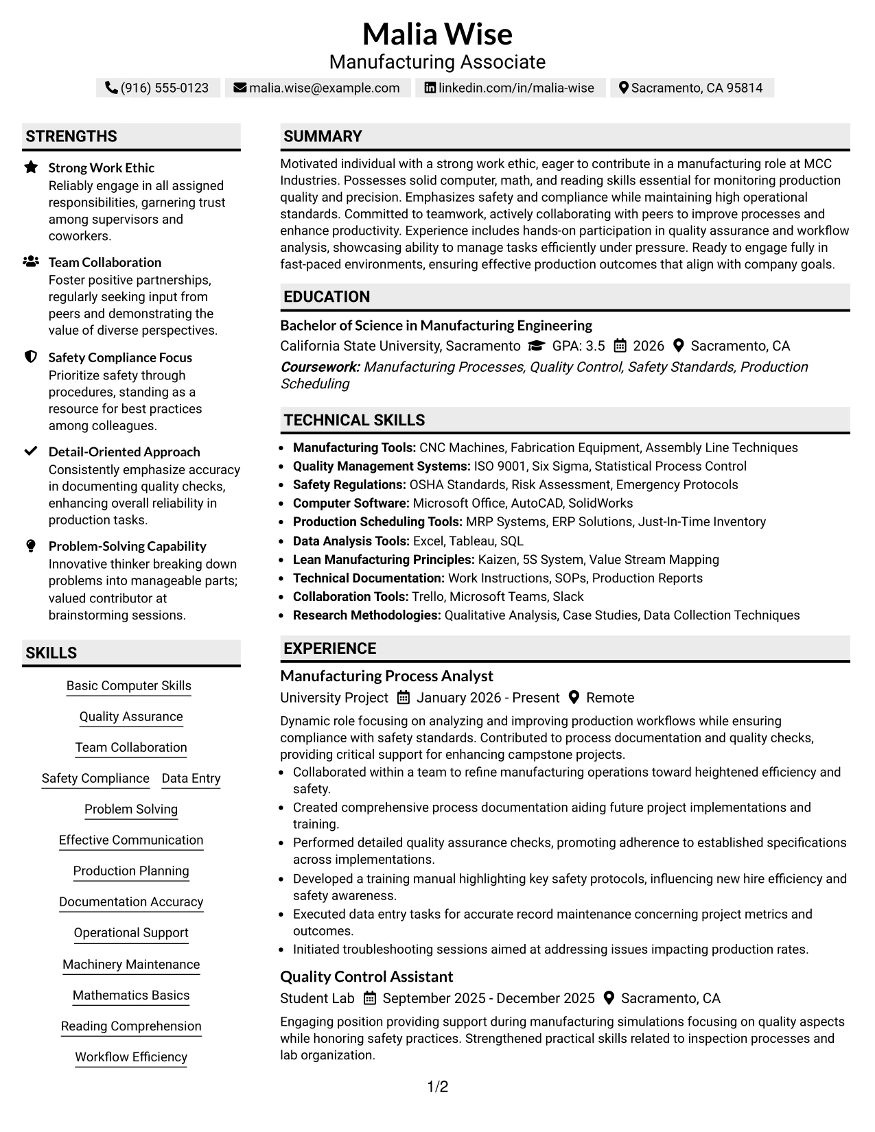 Resume Example Page 1
