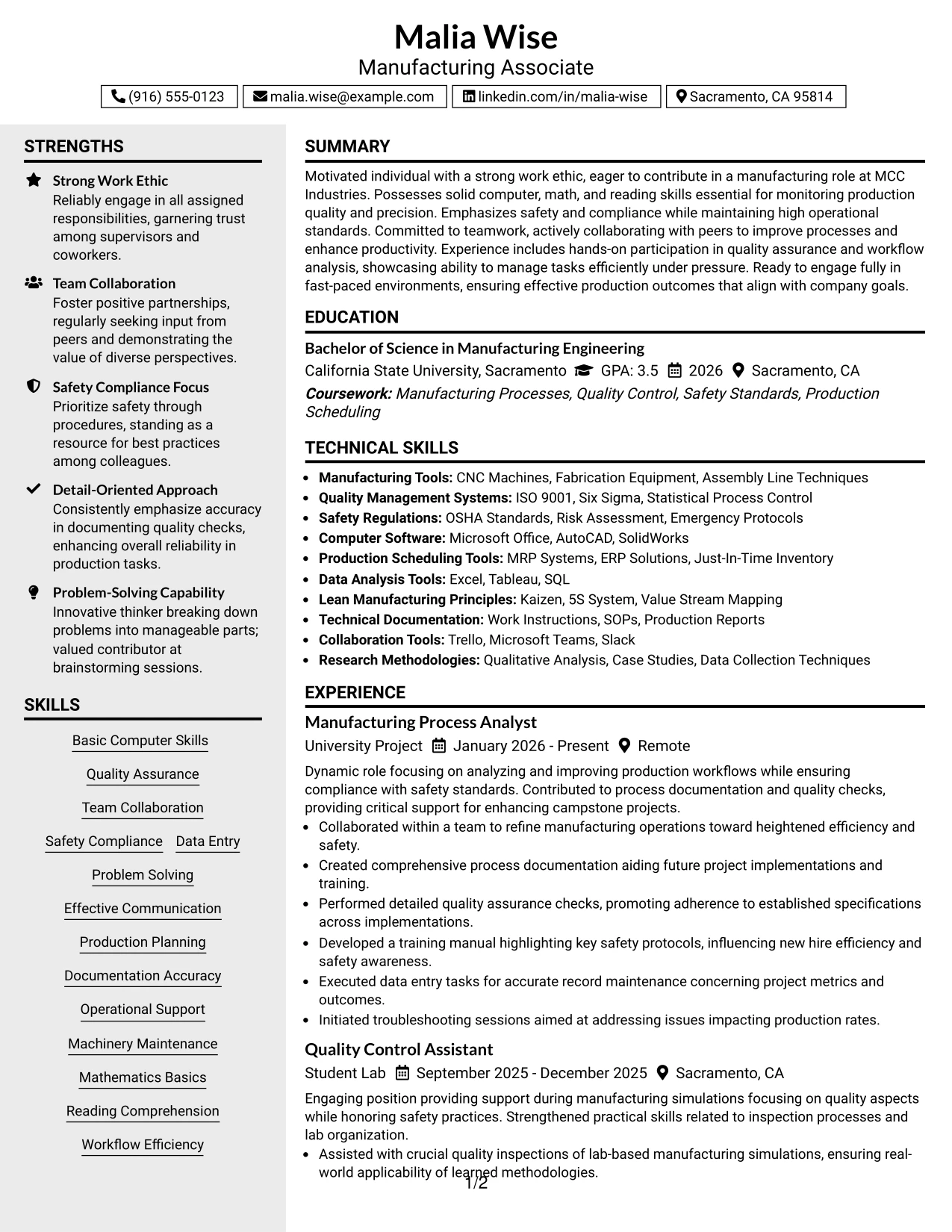 Resume Example Page 1