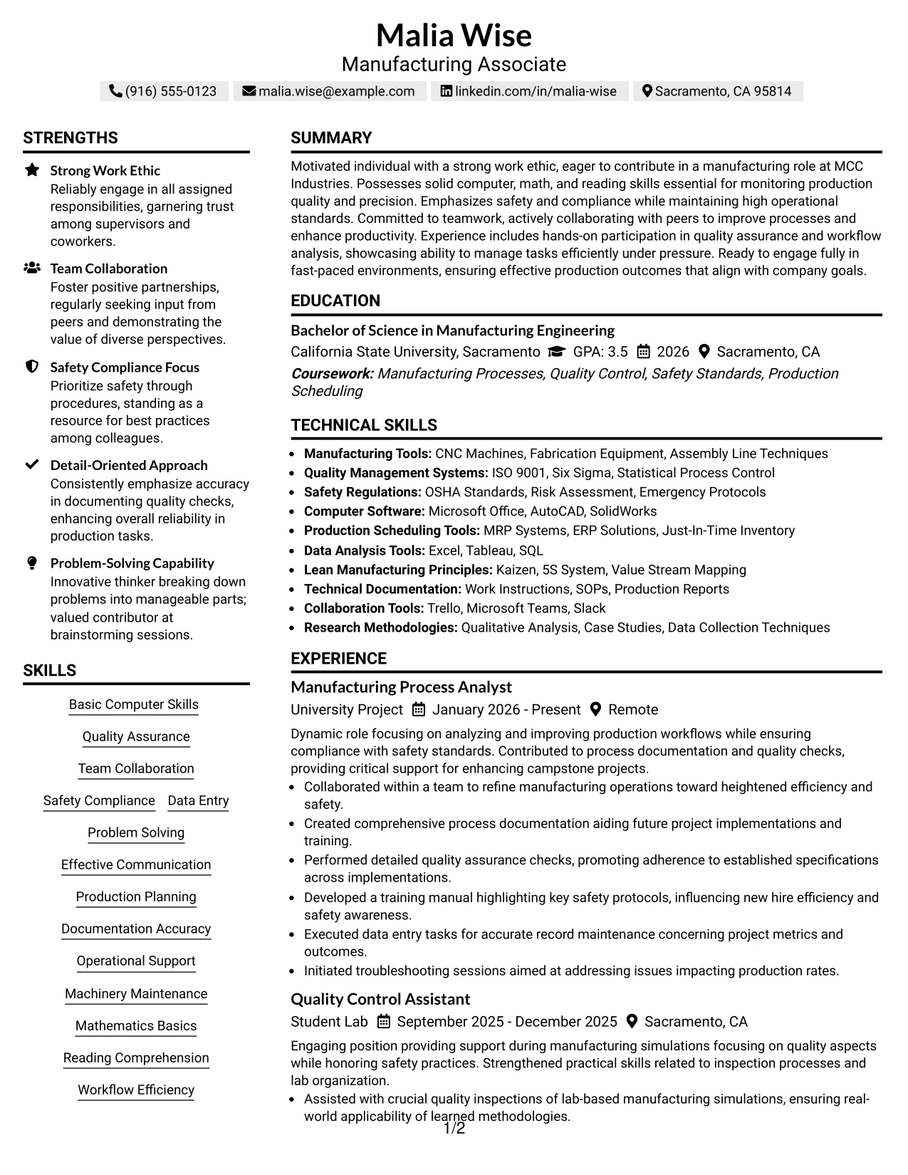 Resume Example Page 1