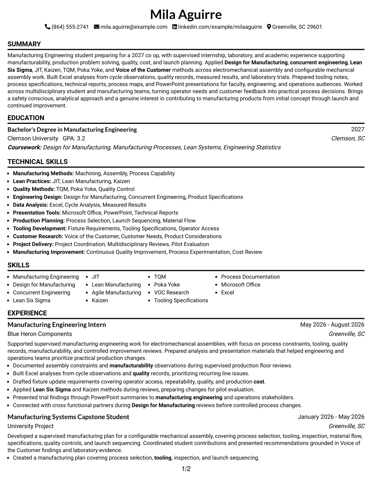 Resume Example Page 1