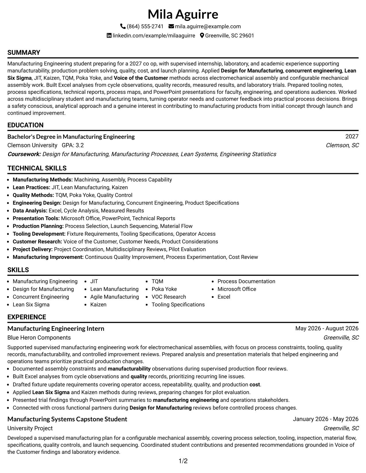 Resume Example Page 1