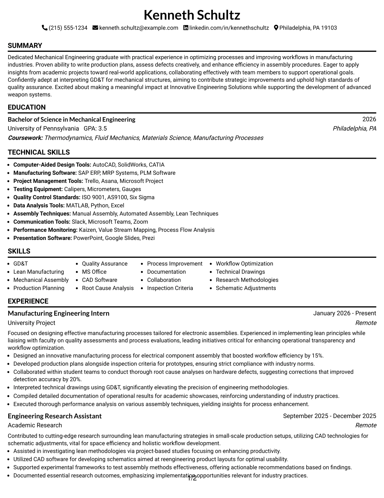 Resume Example Page 1