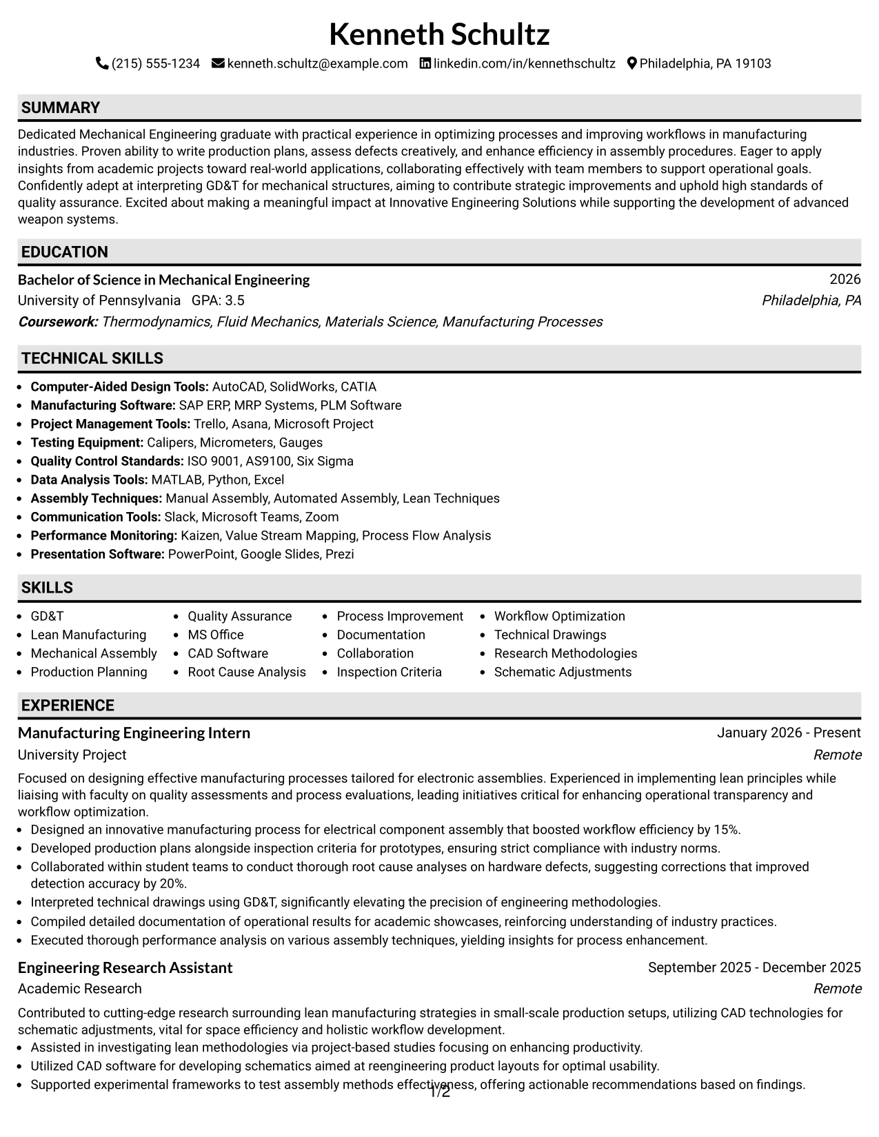 Resume Example Page 1