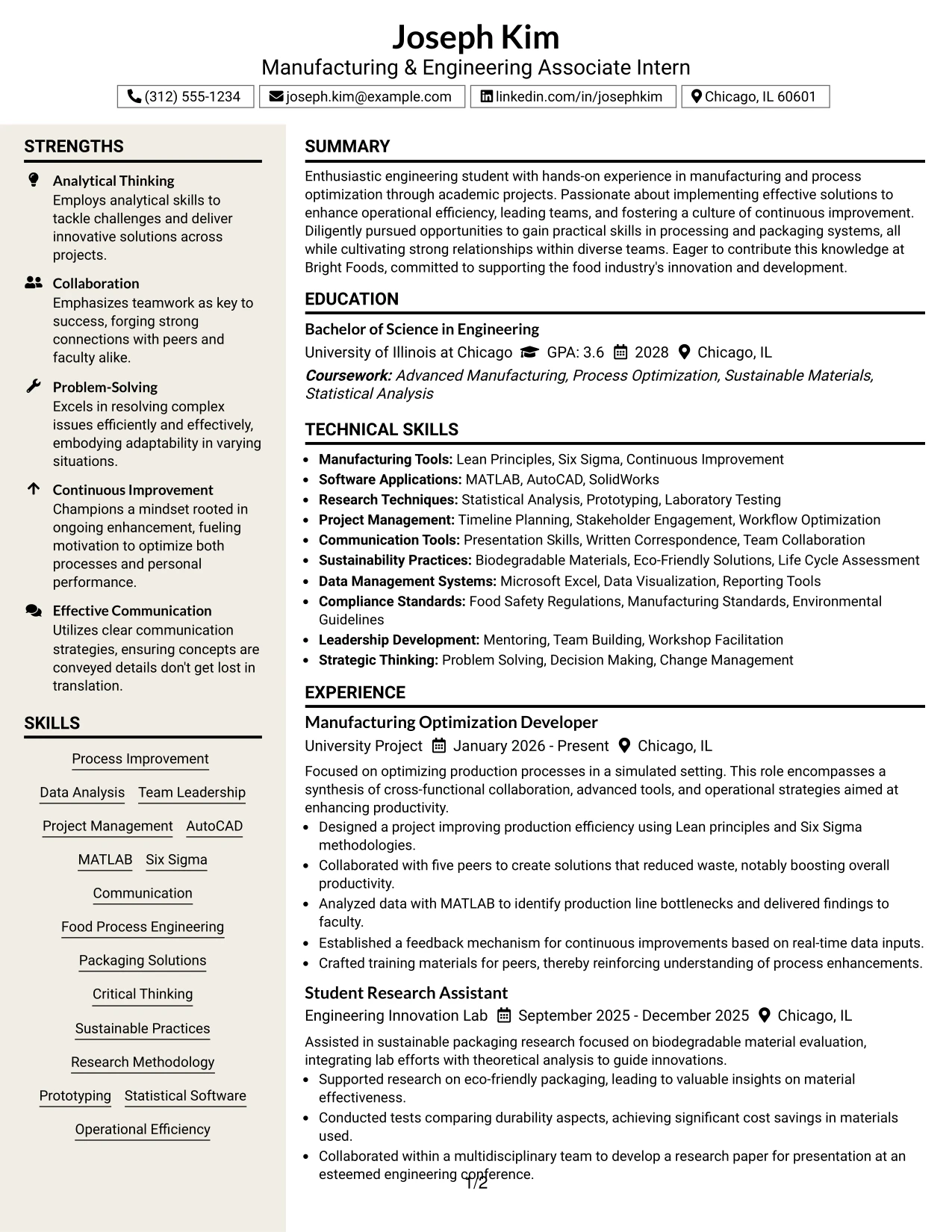 Resume Example Page 1