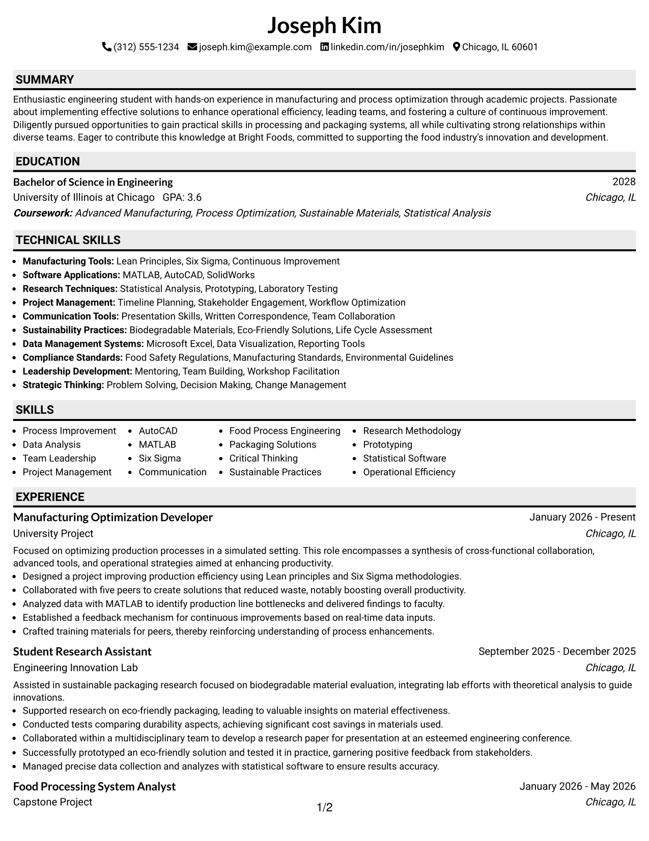 Resume Example Page 1