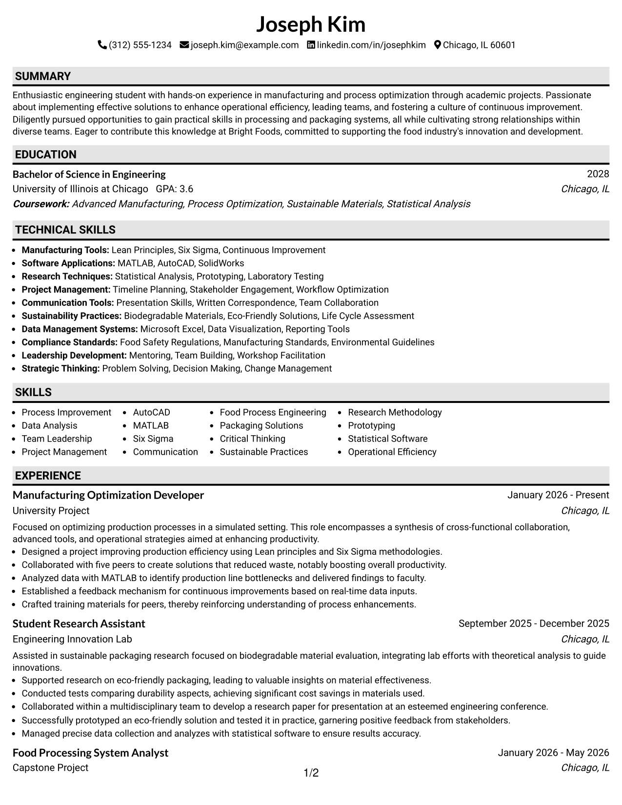 Resume Example Page 1