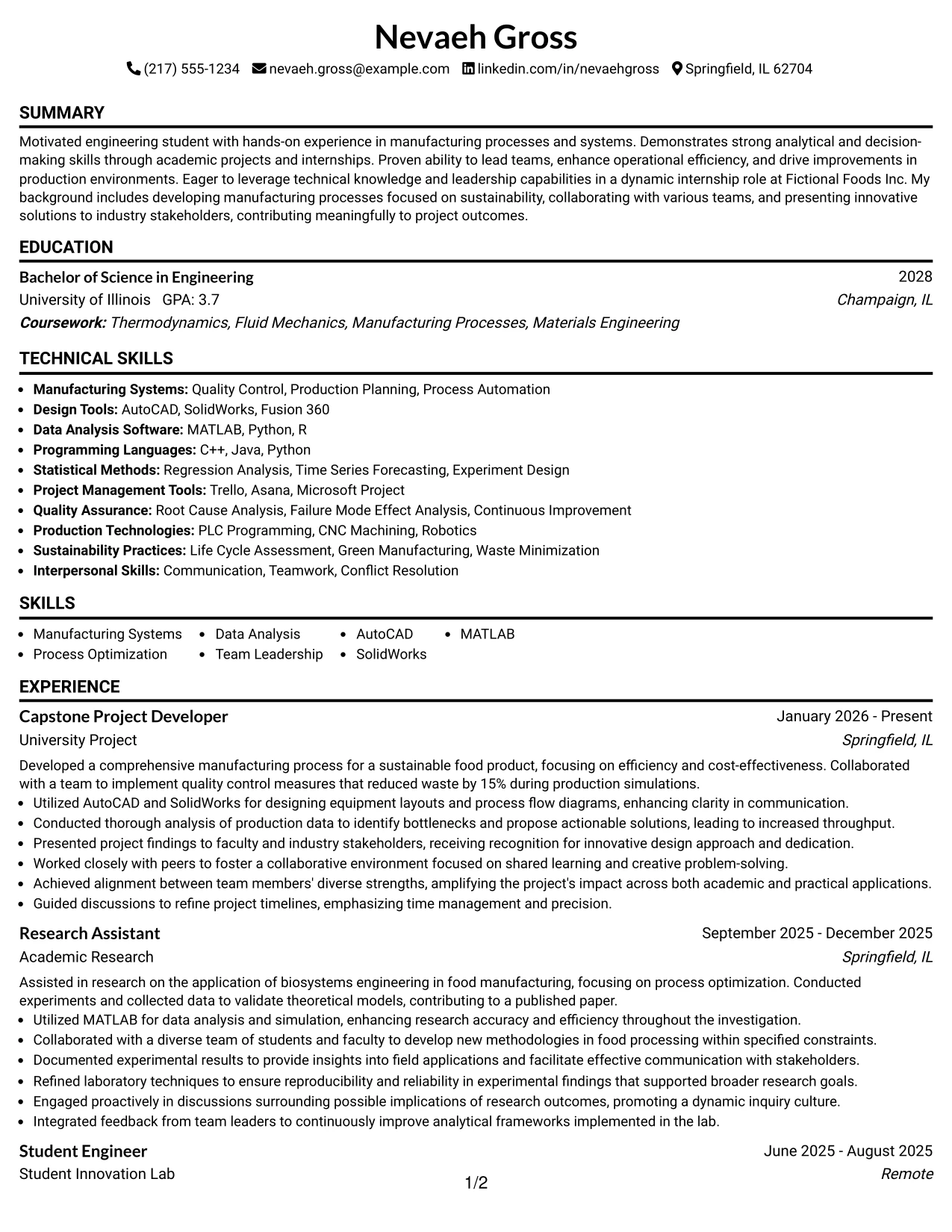 Resume Example Page 1