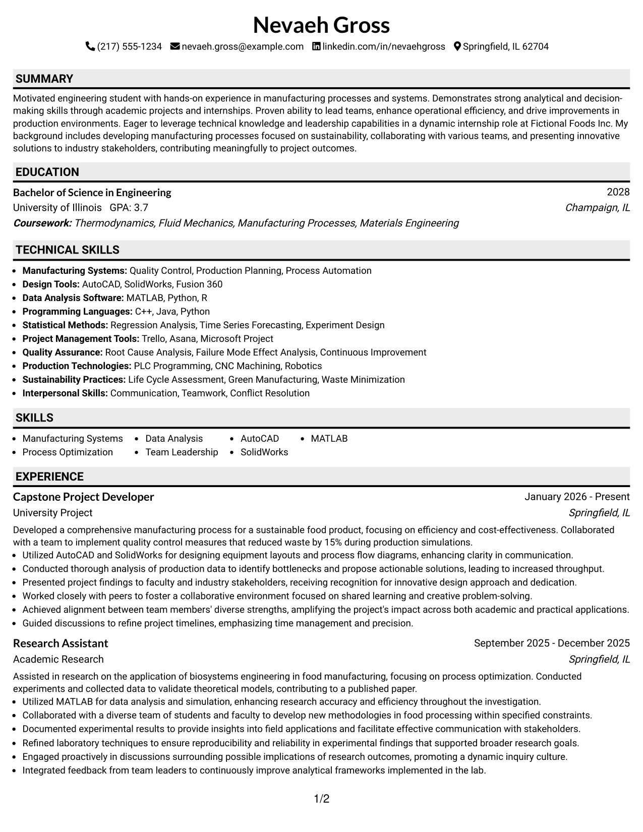 Resume Example Page 1