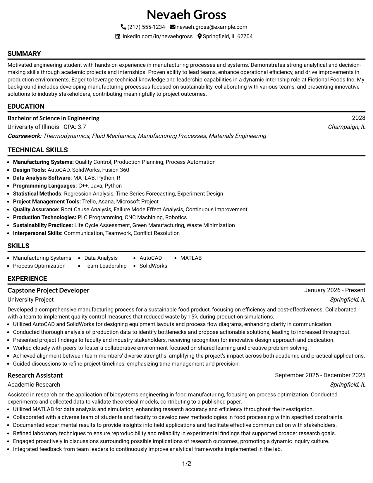 Resume Example Page 1