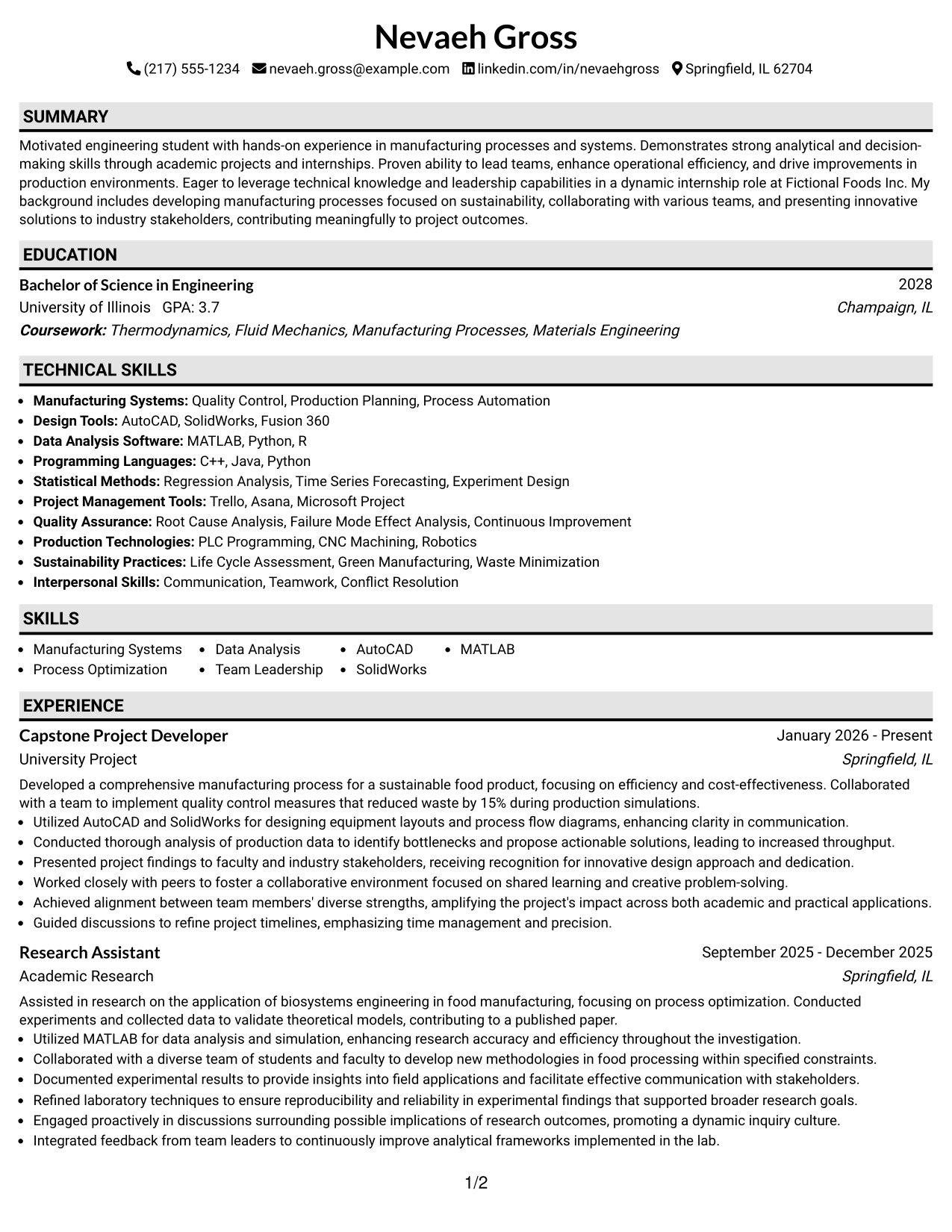 Resume Example Page 1