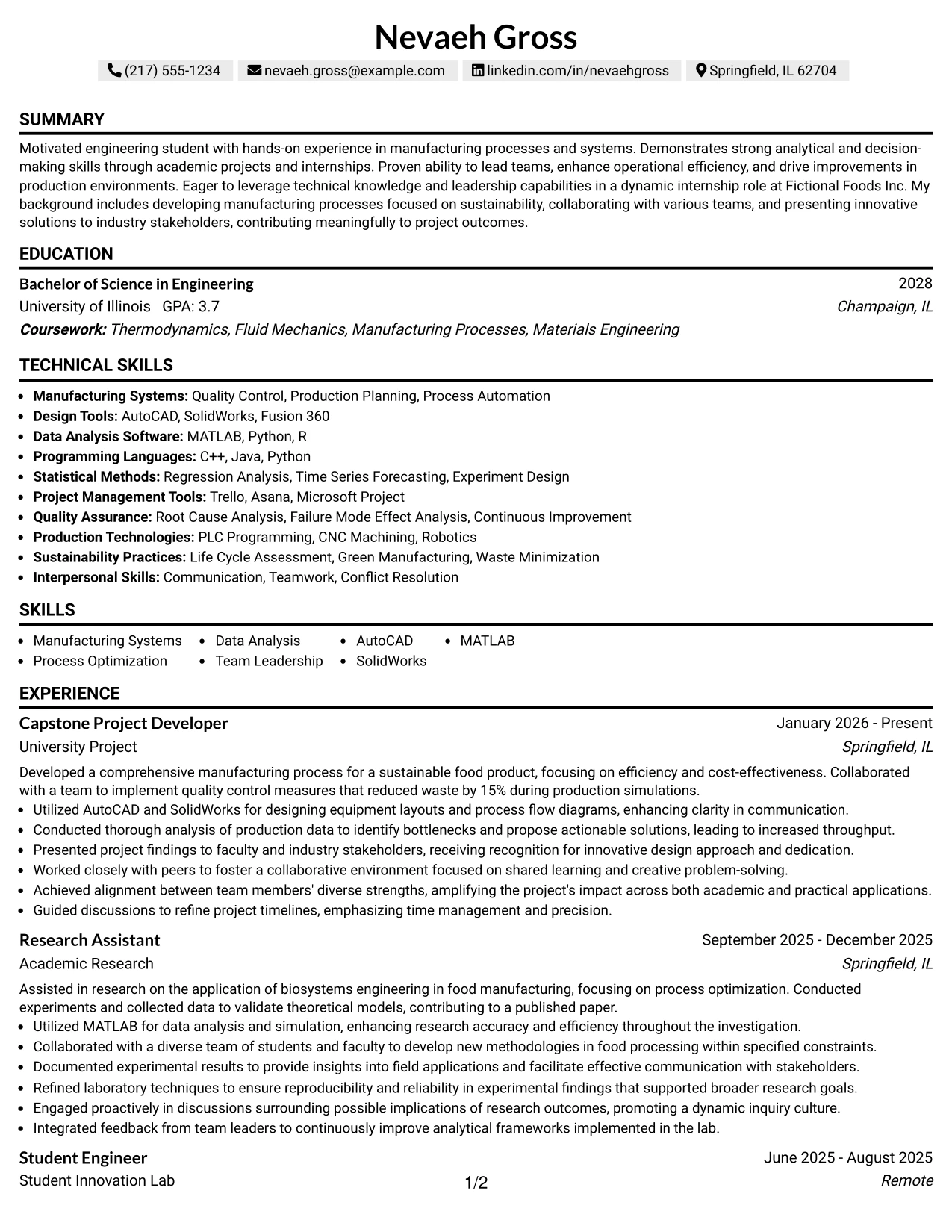 Resume Example Page 1