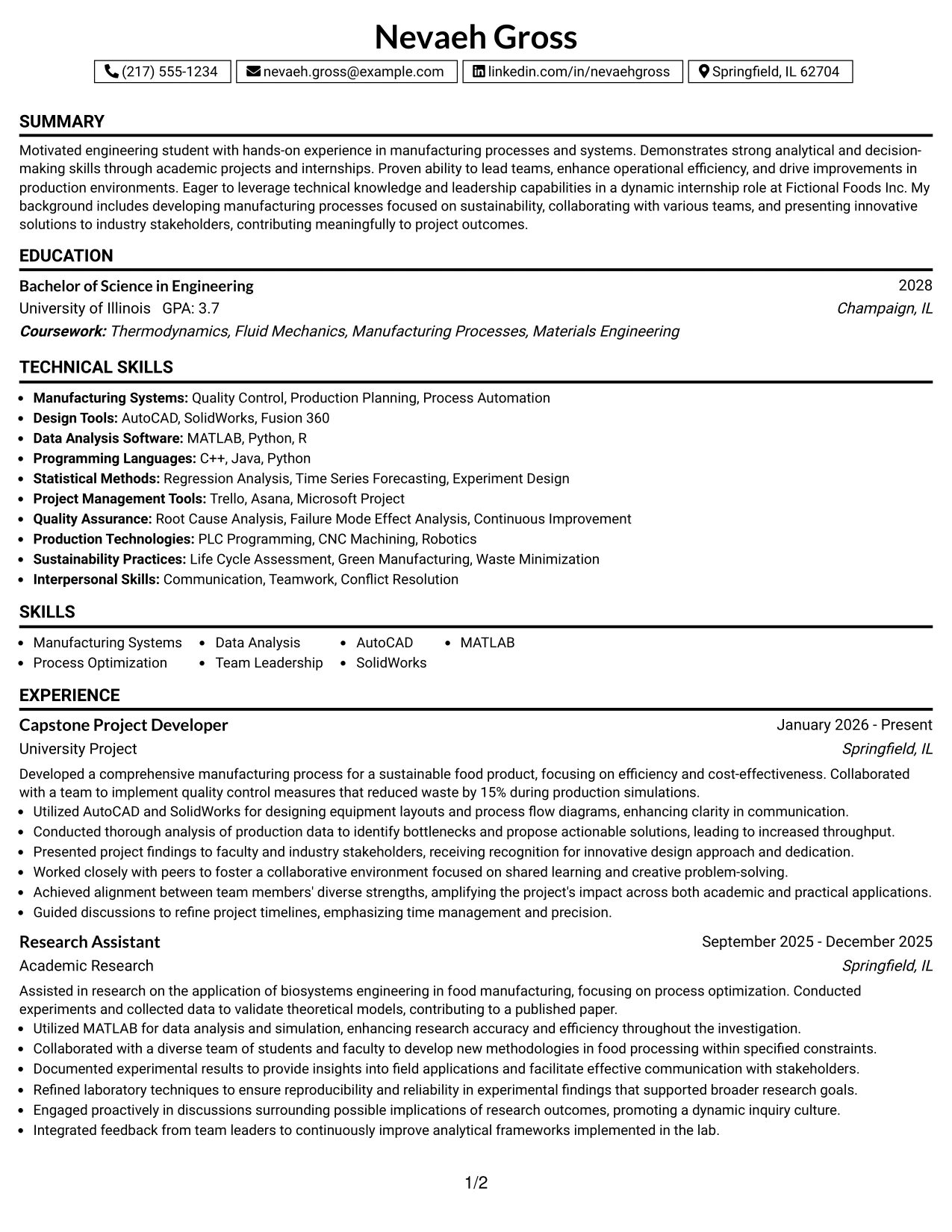 Resume Example Page 1