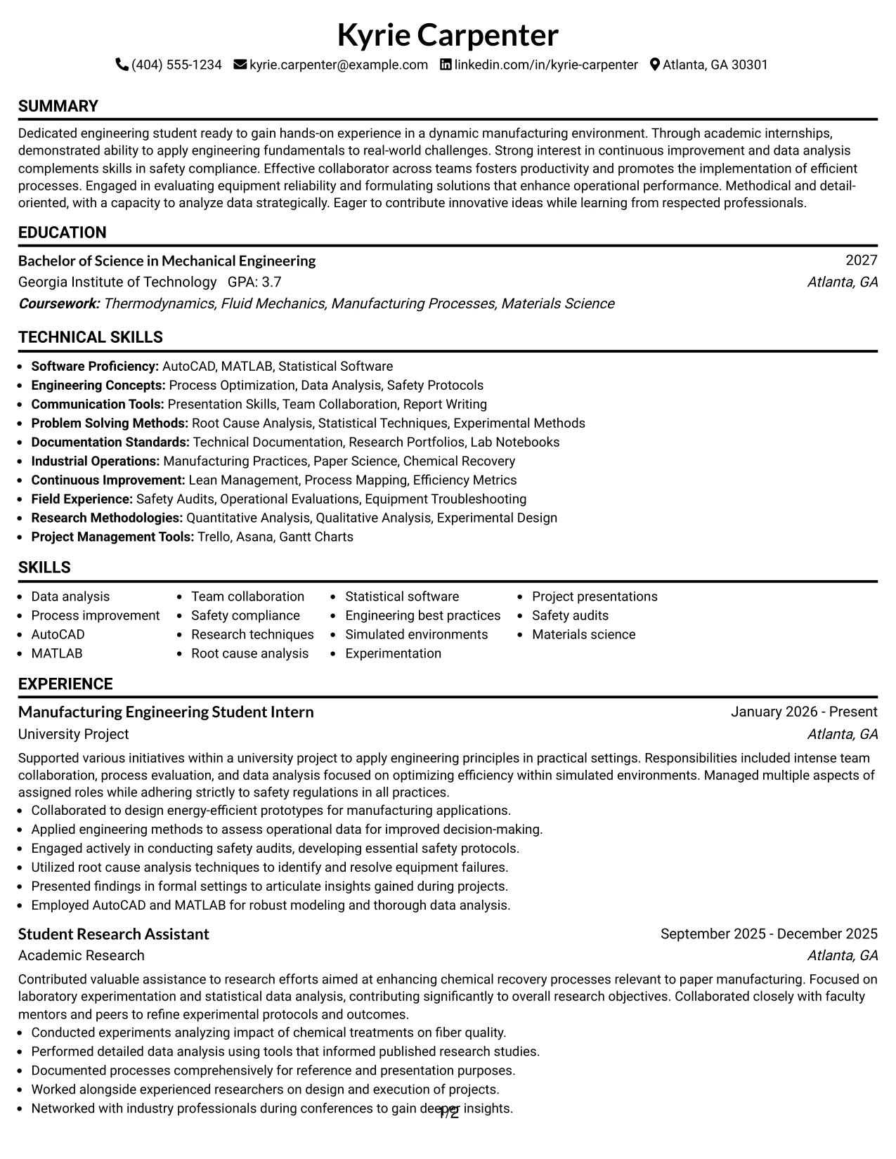 Resume Example Page 1