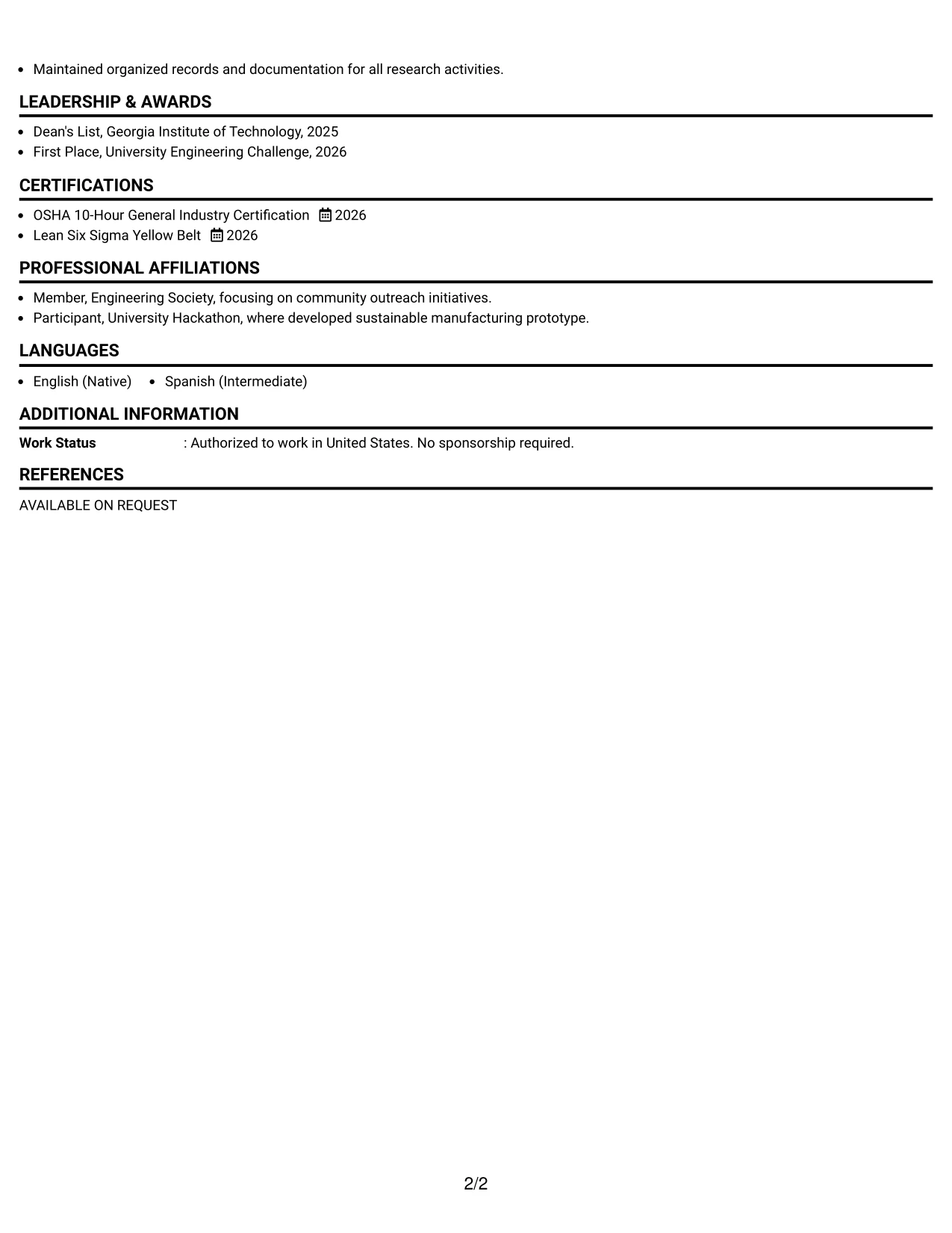 Resume Example Page 2