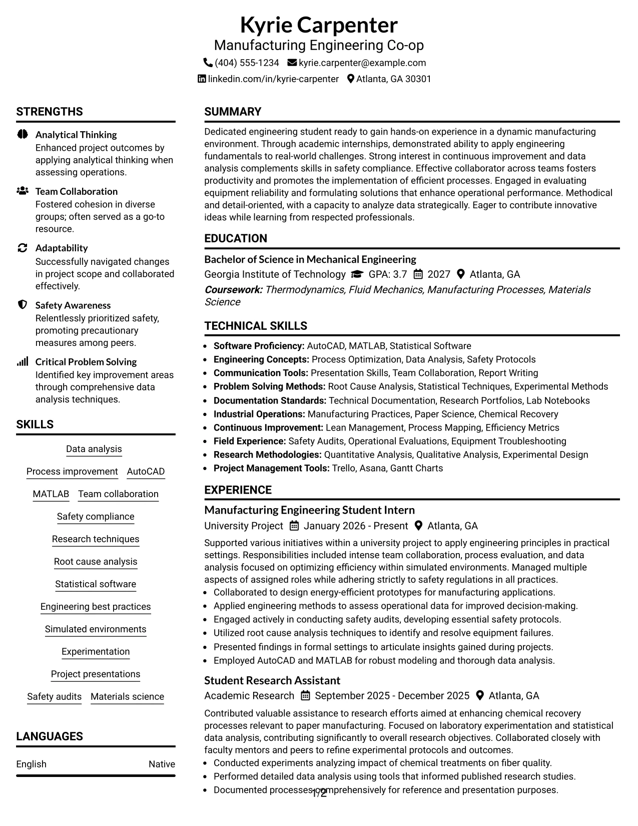 Resume Example Page 1