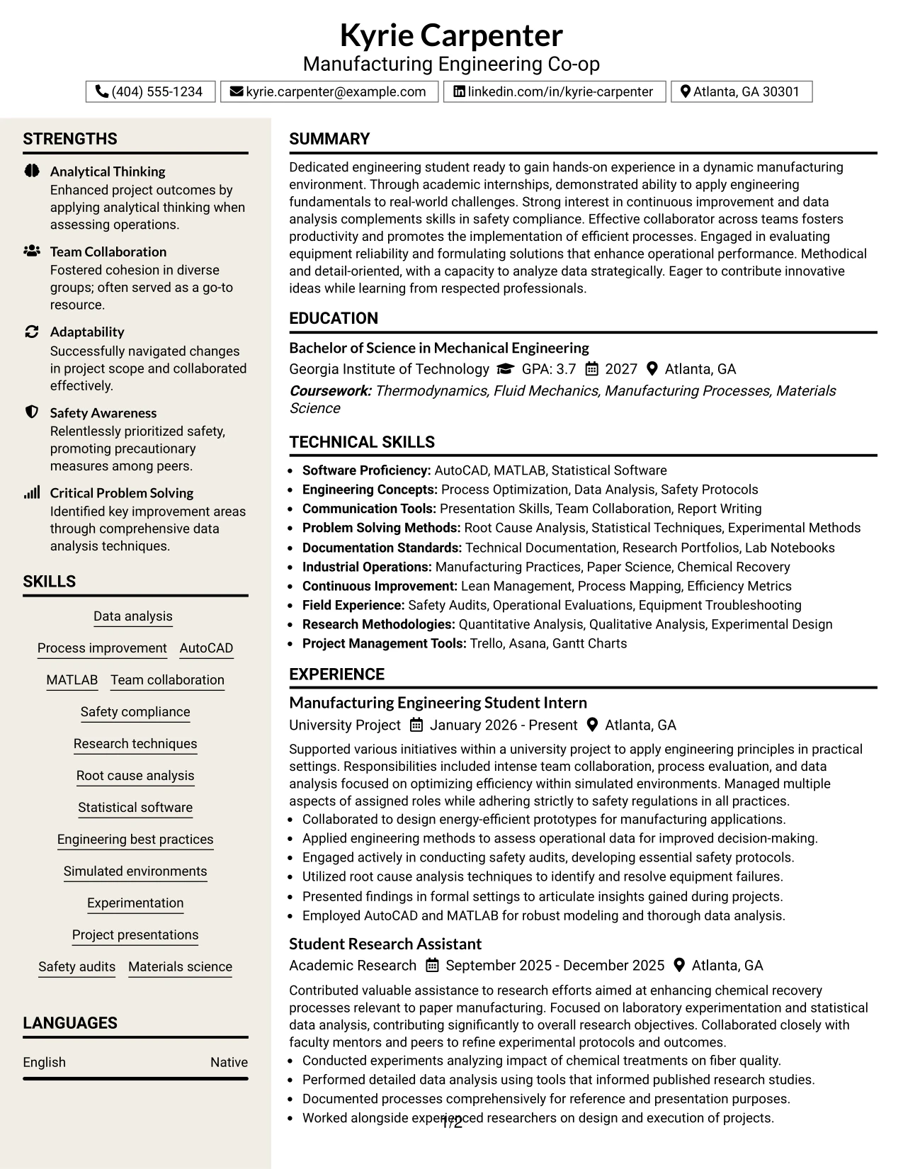 Resume Example Page 1