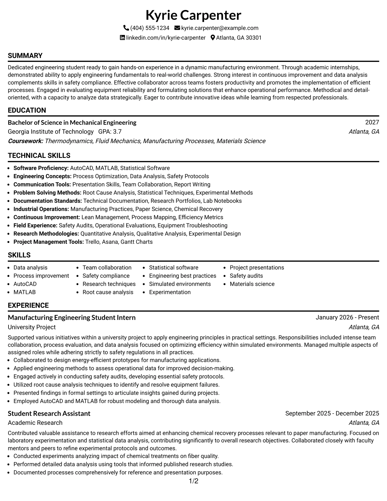 Resume Example Page 1