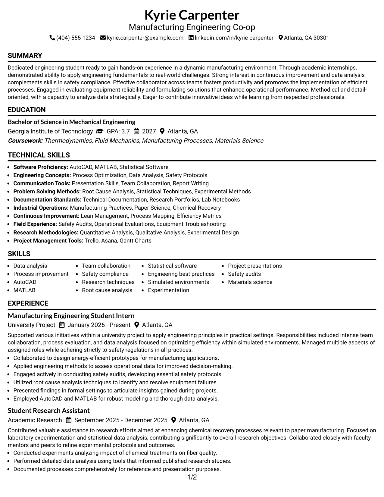 Resume Example Page 1