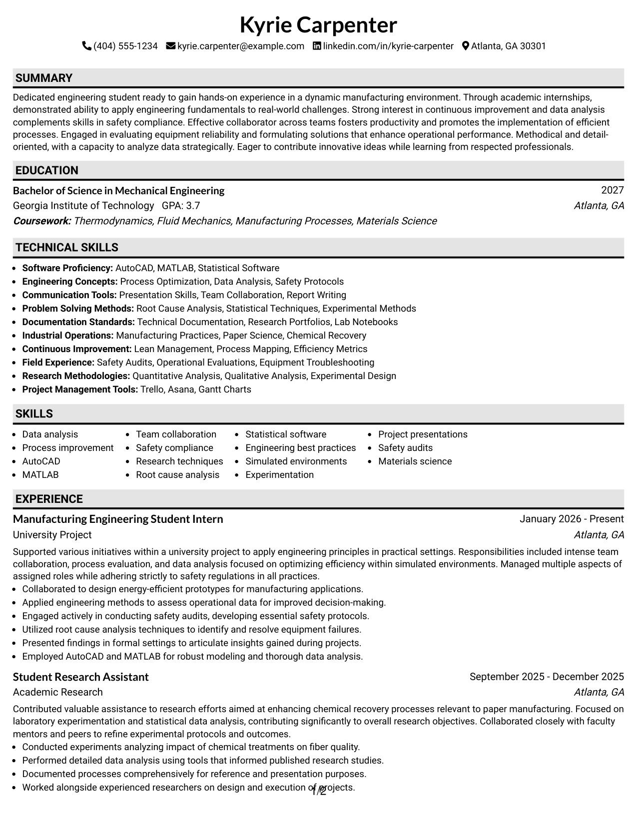 Resume Example Page 1