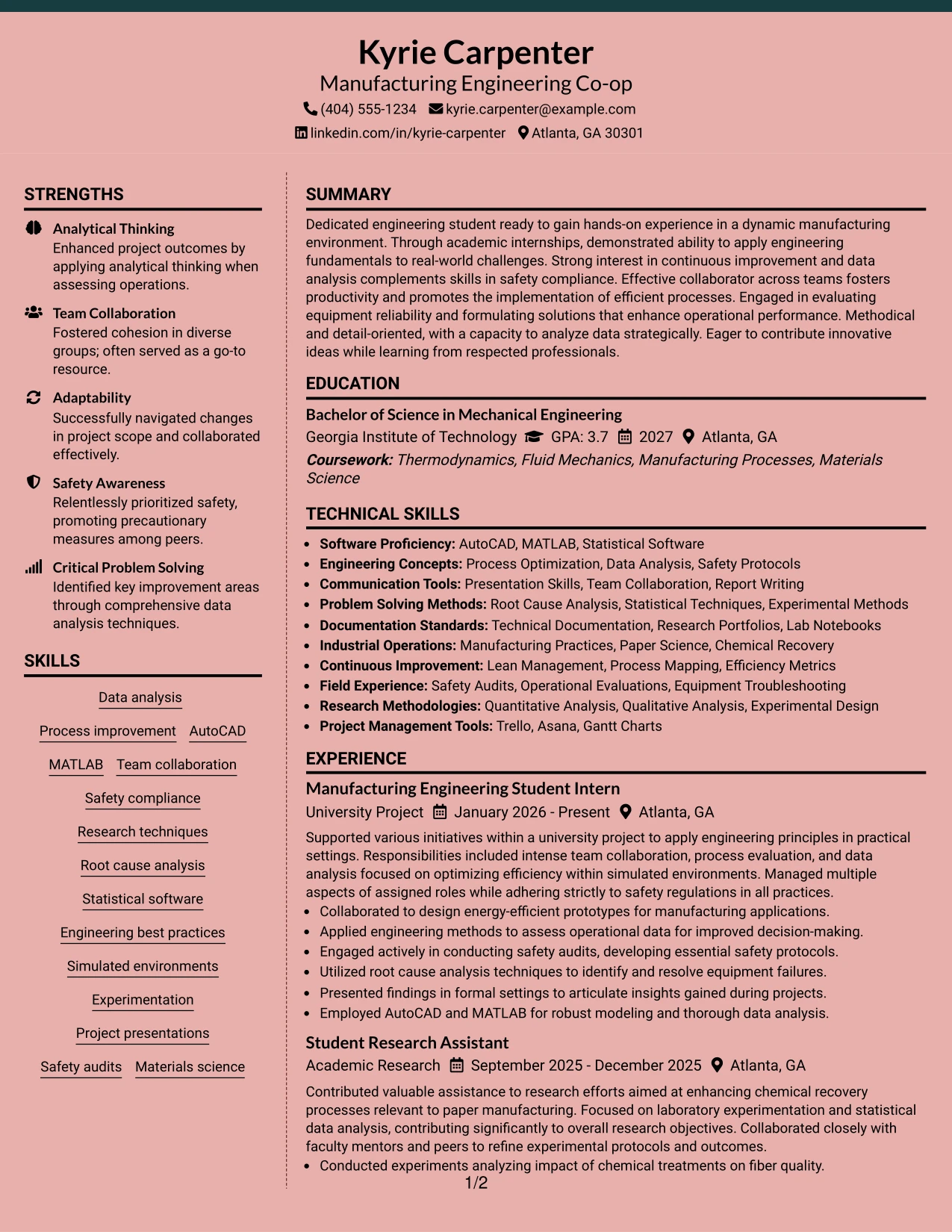 Resume Example Page 1