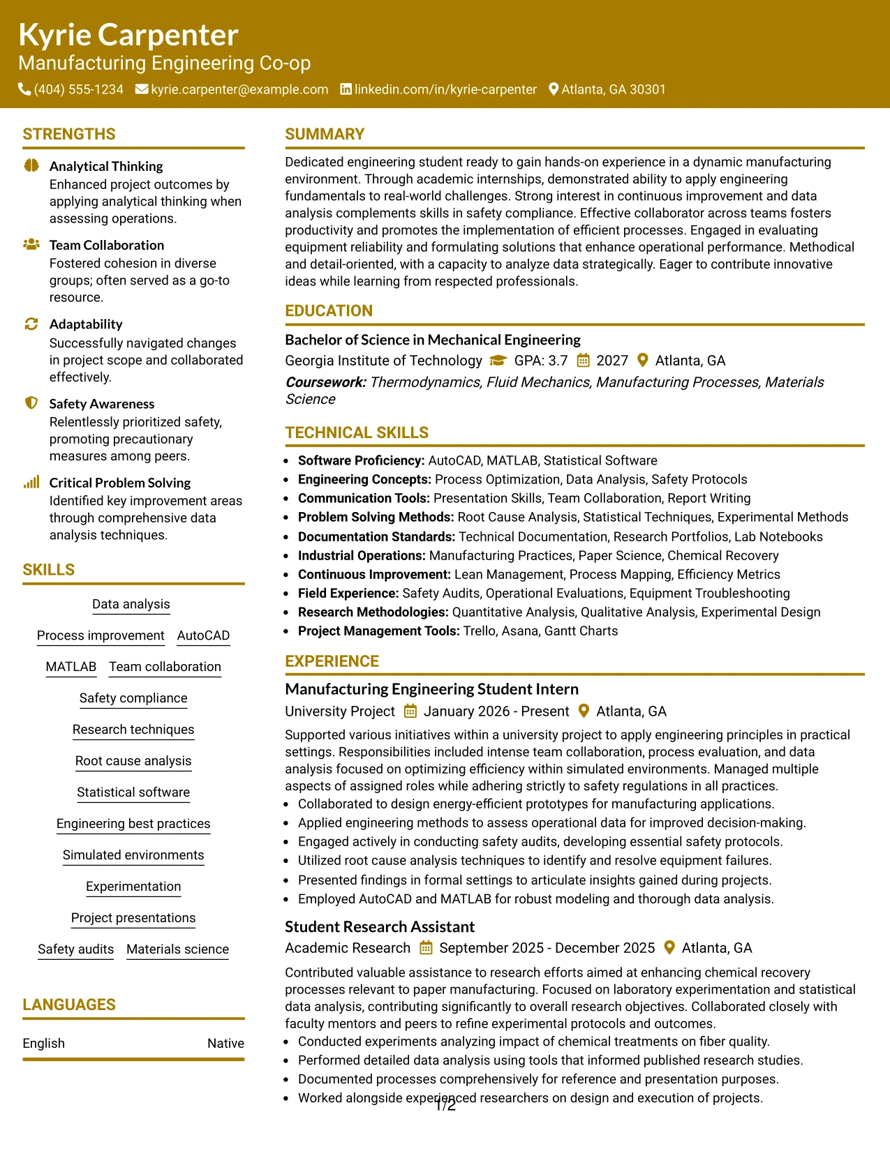 Resume Example Page 1