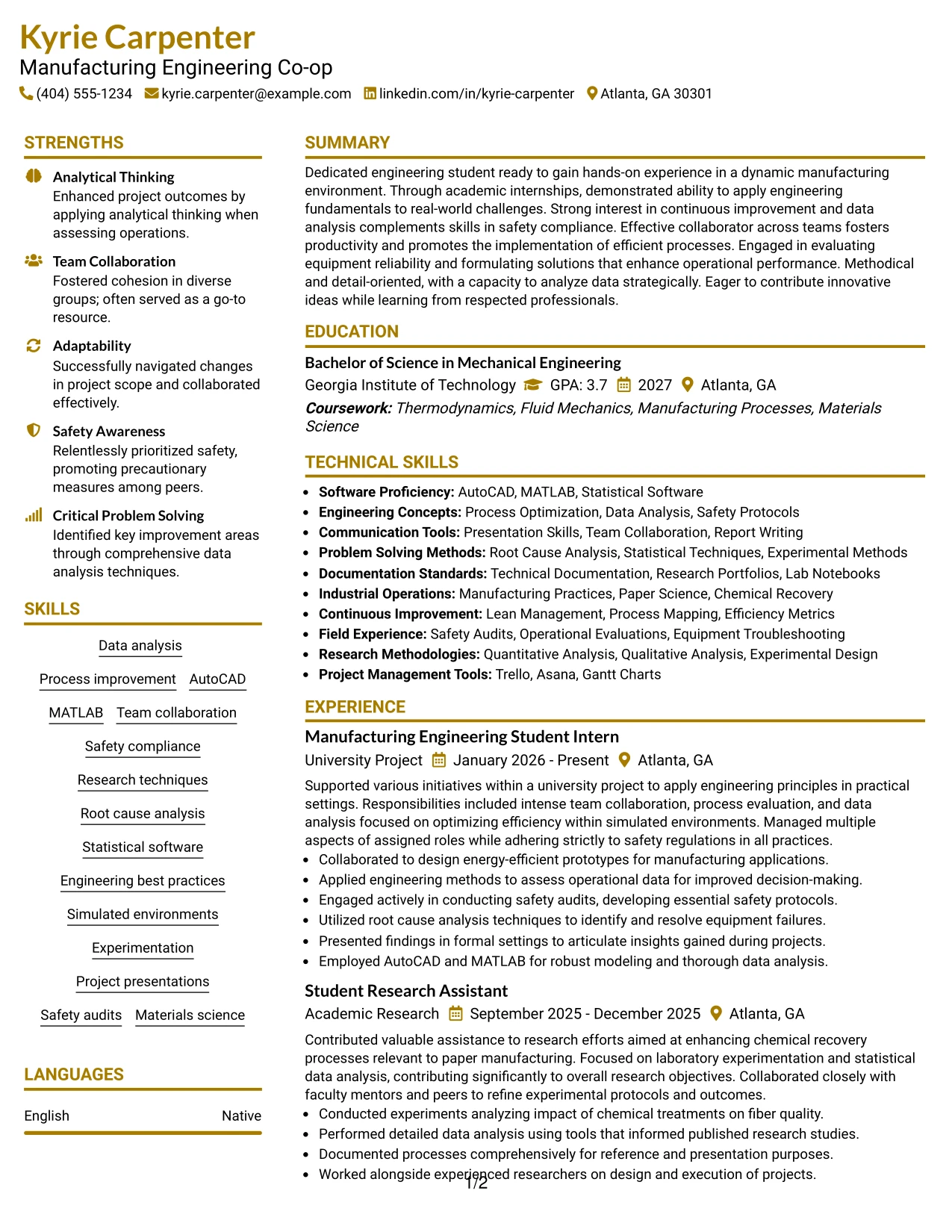 Resume Example Page 1