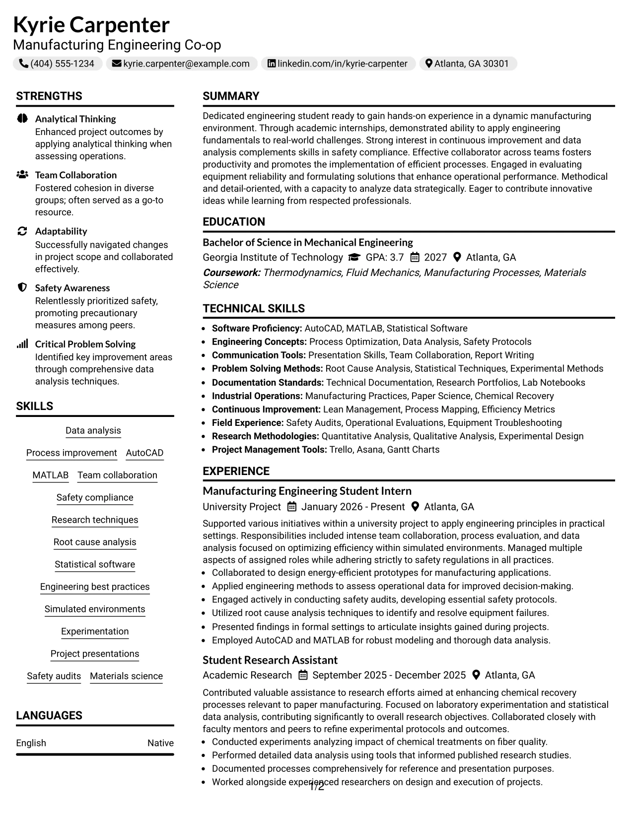 Resume Example Page 1
