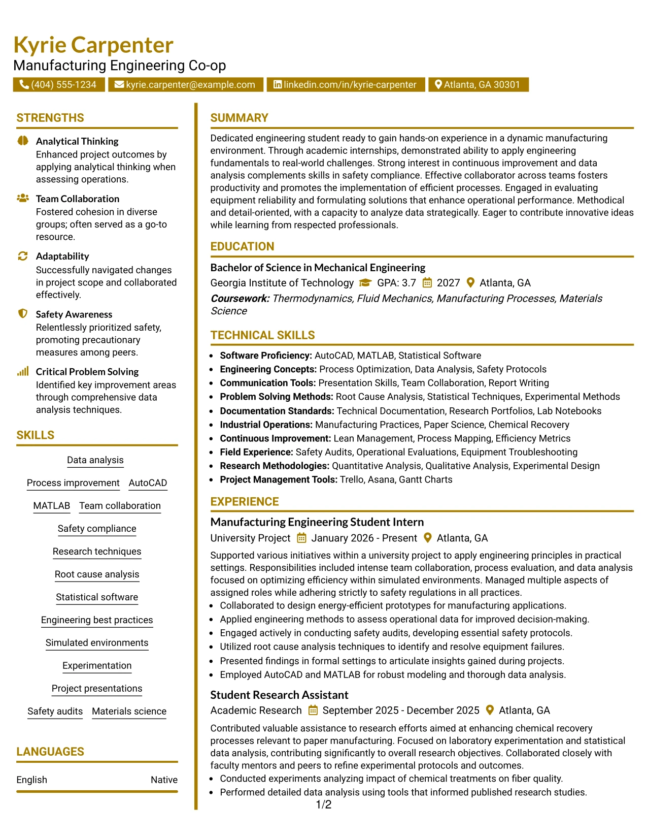 Resume Example Page 1