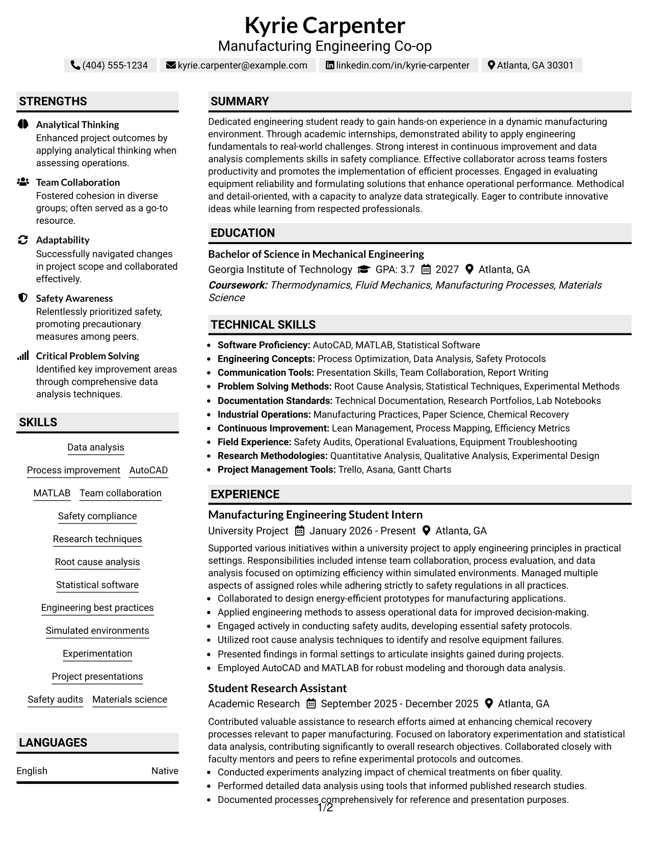 Resume Example Page 1