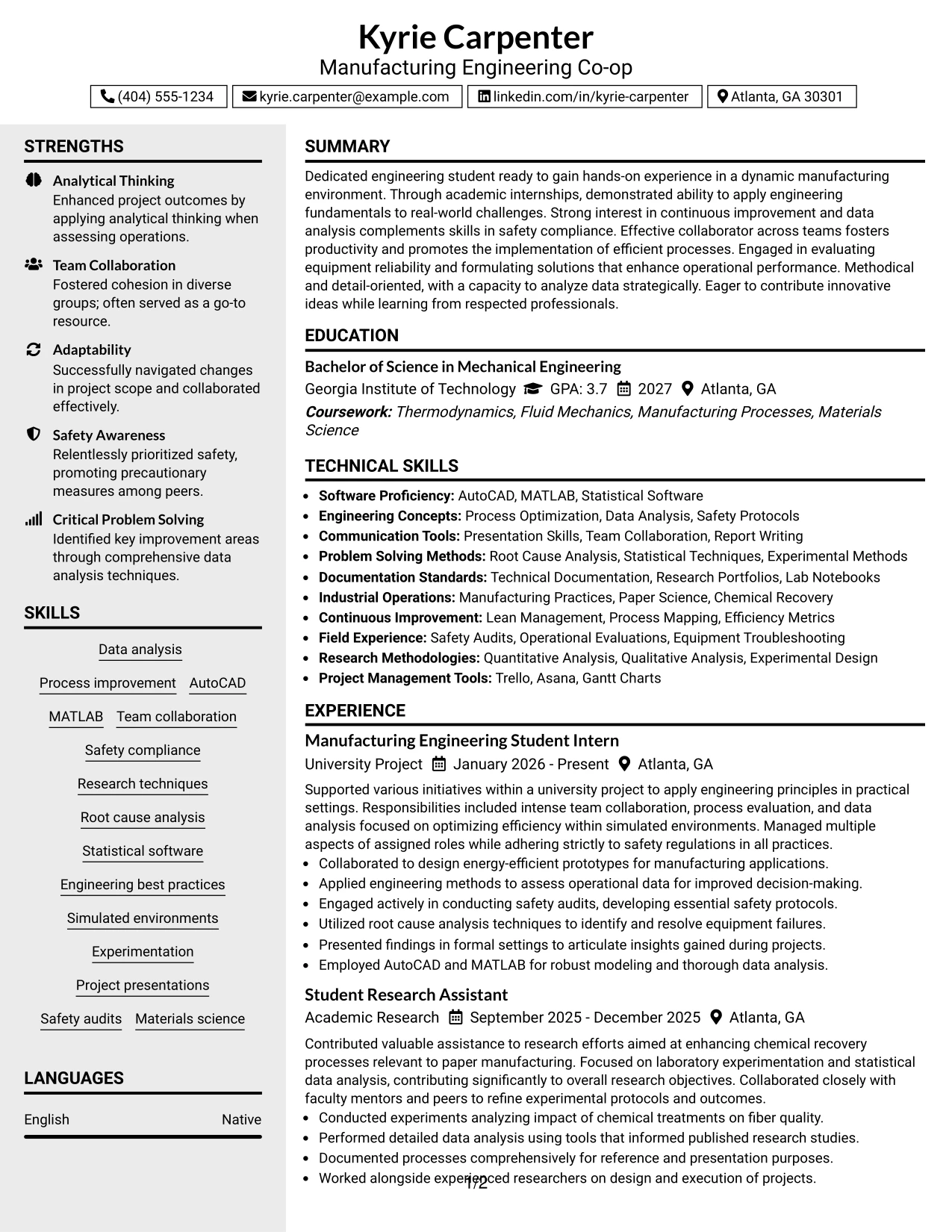 Resume Example Page 1