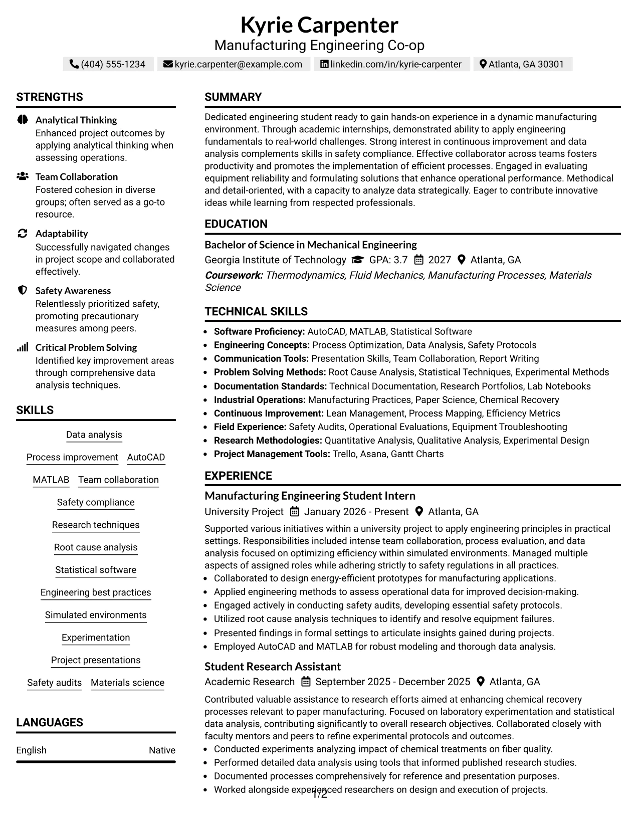 Resume Example Page 1