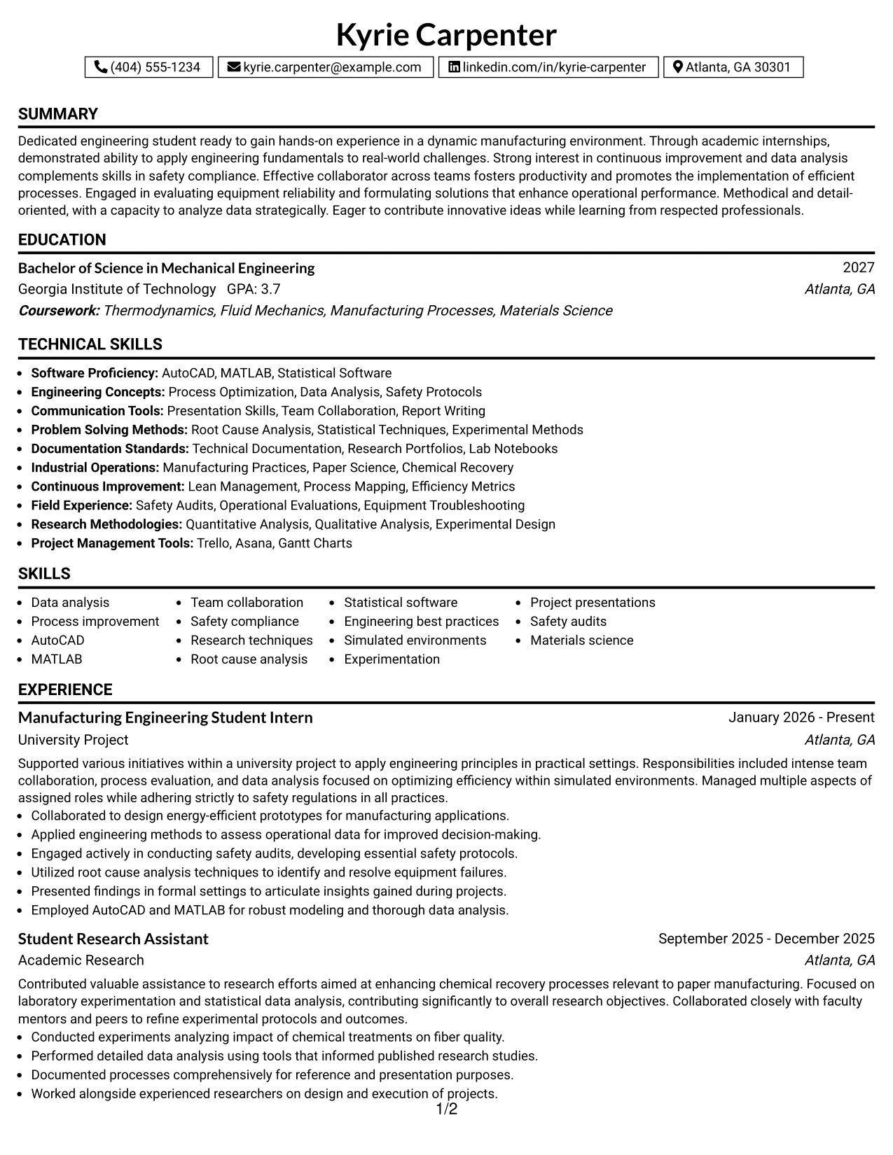 Resume Example Page 1