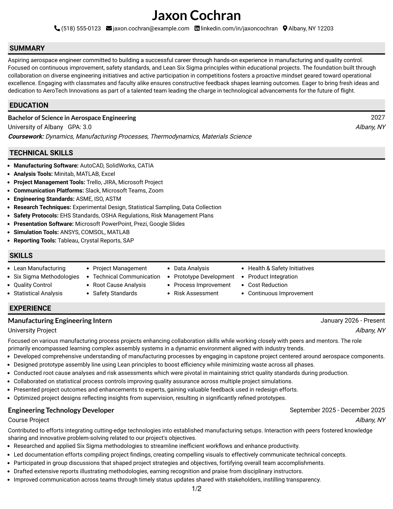 Resume Example Page 1