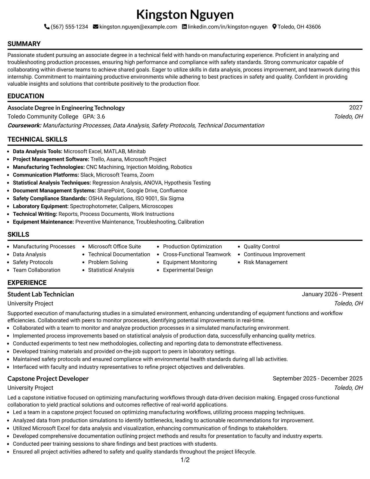 Resume Example Page 1