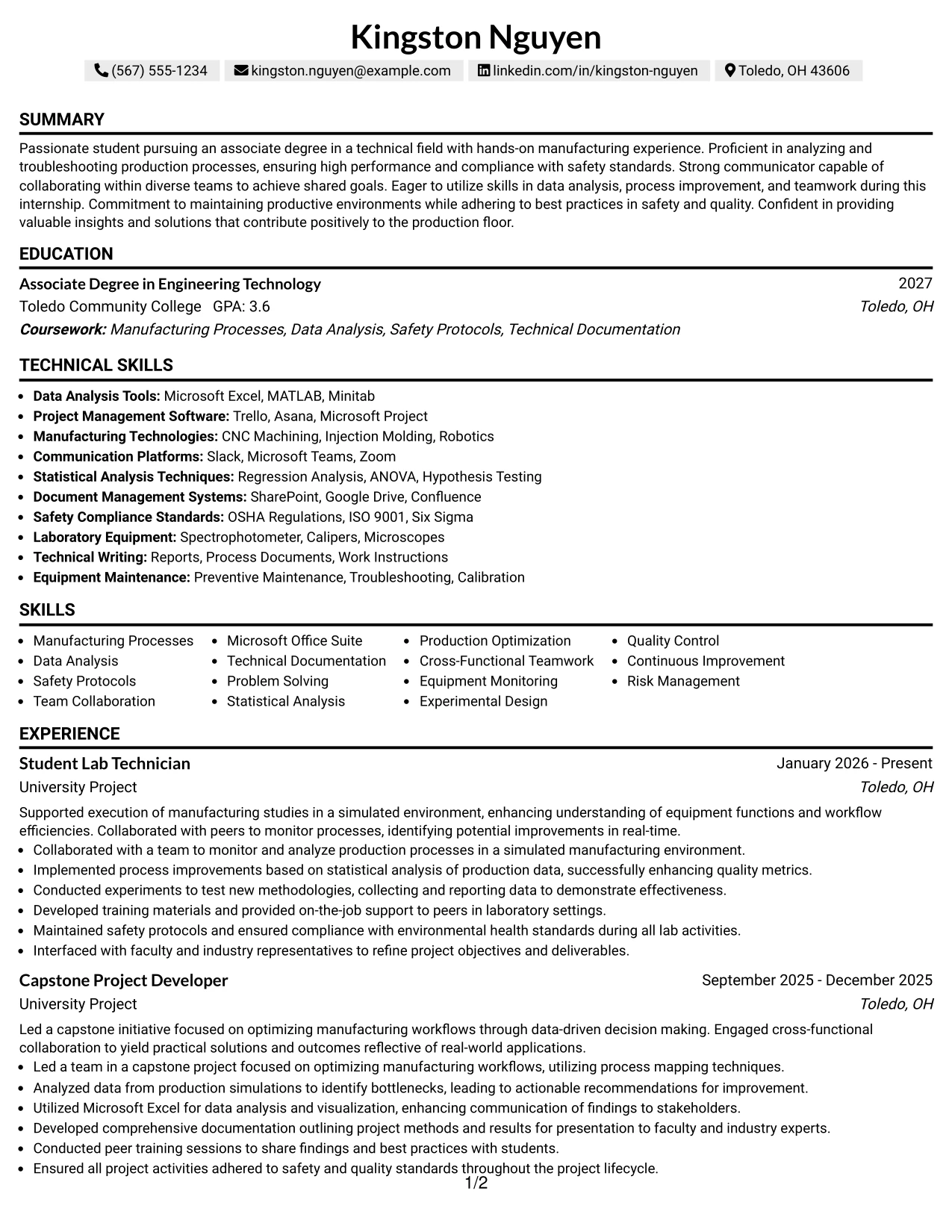 Resume Example Page 1