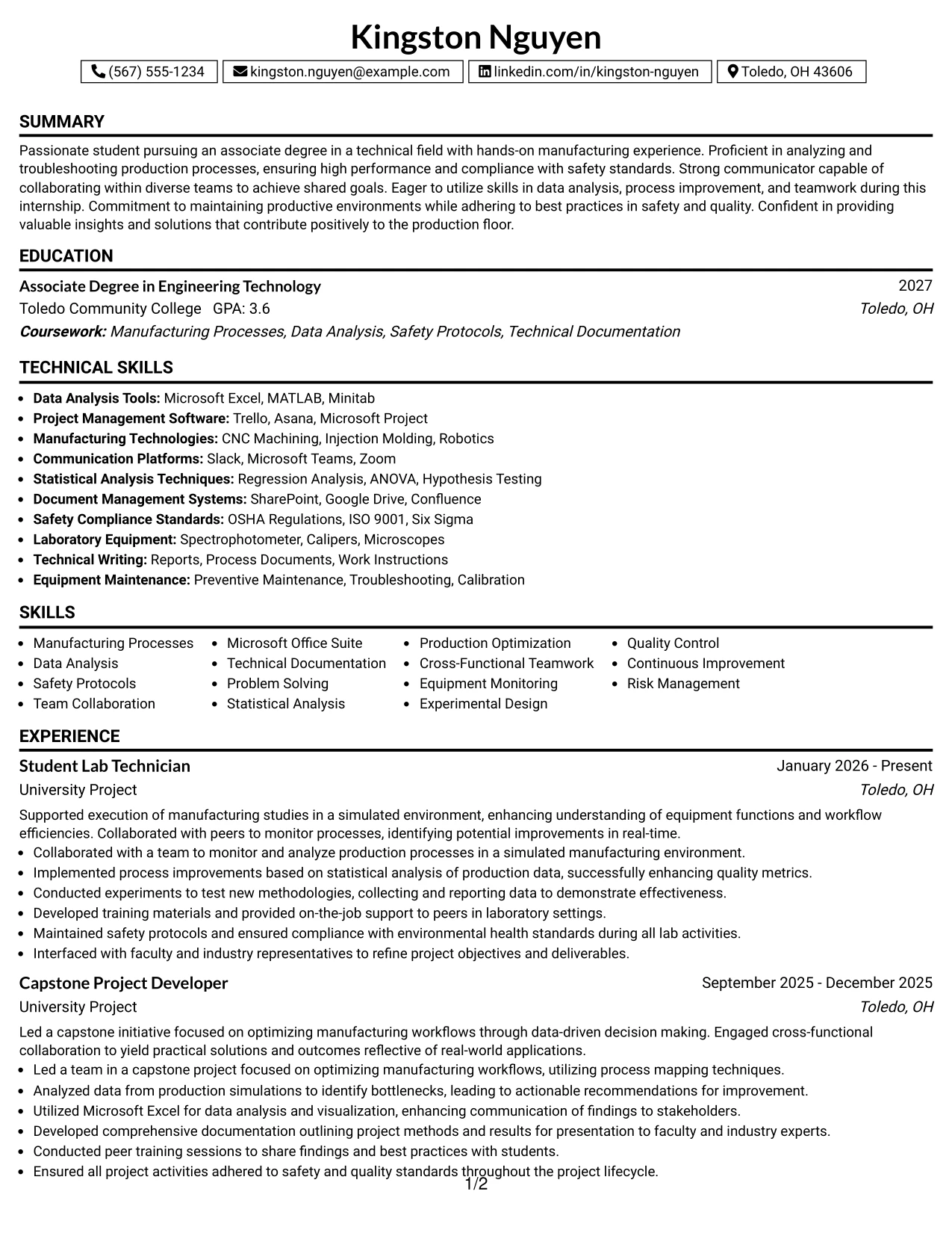 Resume Example Page 1