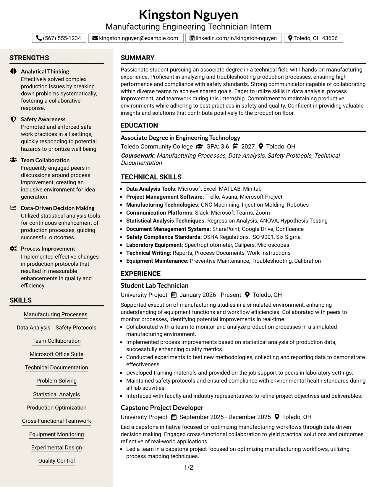 Resume Example Page 1